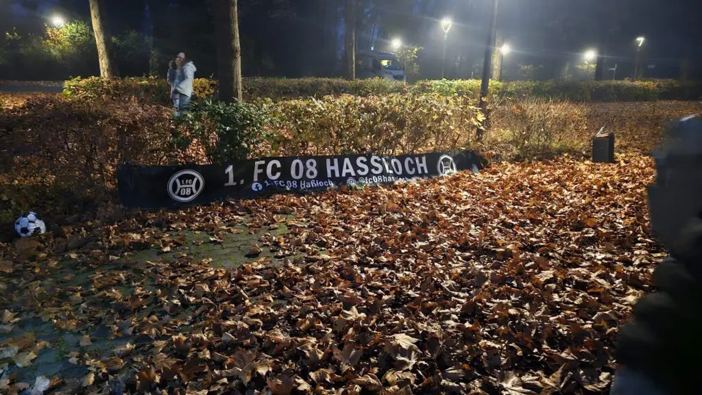 Banner des 1. FC 08 Hassloch, umgeben von herabgefallenen Blättern im Herbst.