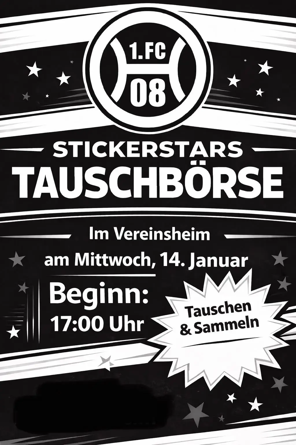 Ankündigung für die Stickerstars Tauschbörse des 1.FC 08 Hassloch am 14. Januar im Vereinsheim.