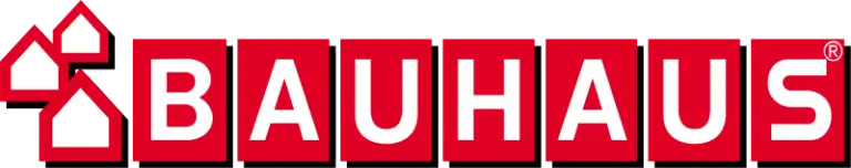 Logo von Bauhaus Baumarkt mit roten Buchstaben und Haus-Symbolen.
