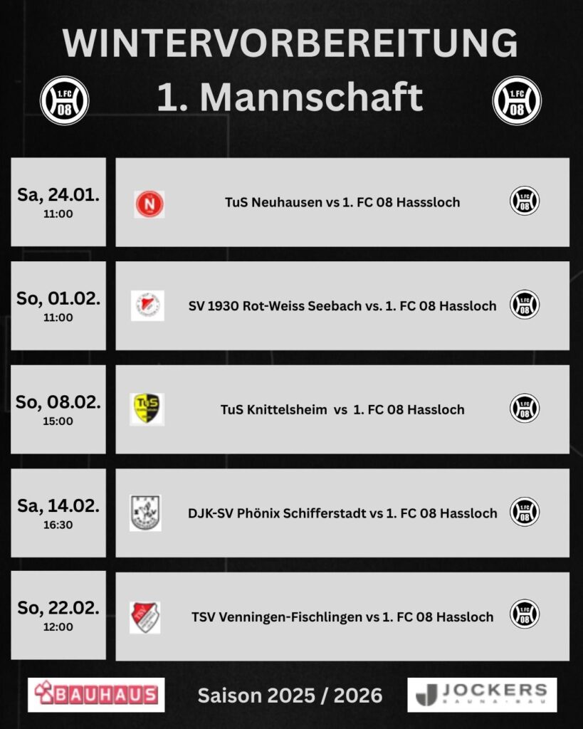 Trainings- und Spielplan der 1. Mannschaft von 1.FC 08 Hassloch für die Saison 2025/2026.