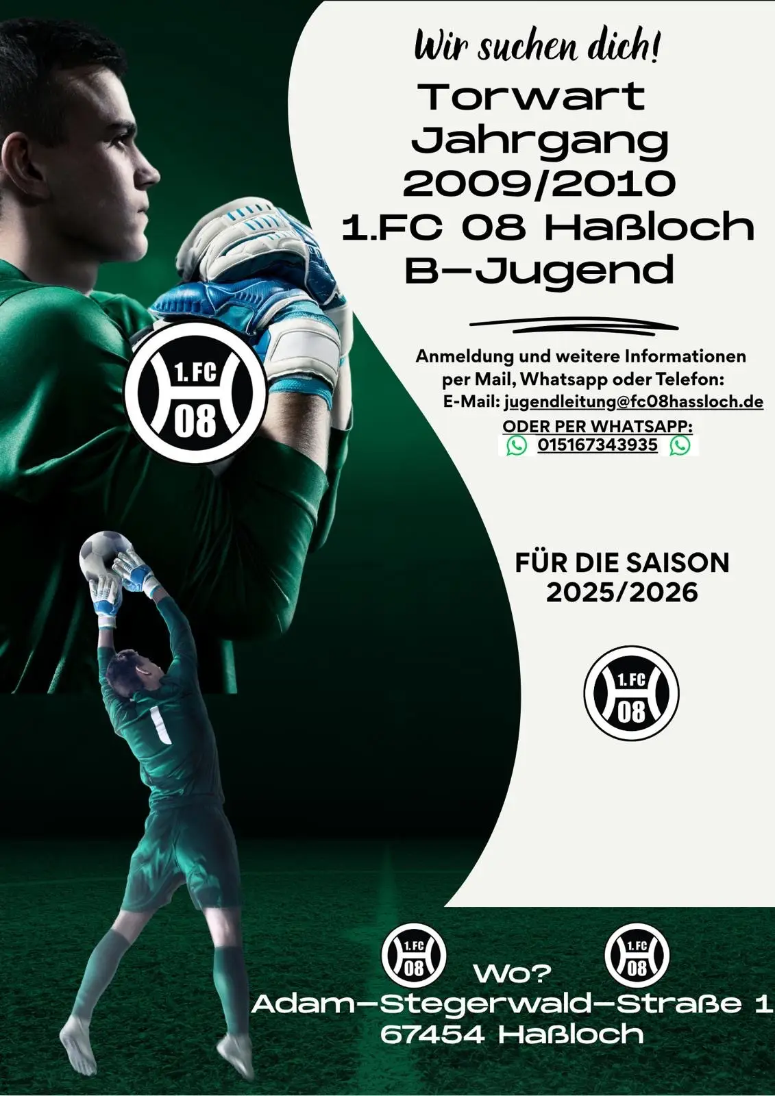 Ein Torwart in grünem Trikot, der einen Ball fängt, mit Informationen zur B-Jugend des 1. FC 08 Haßloch.