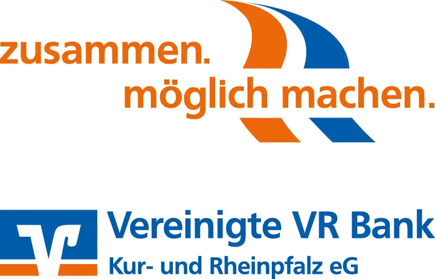 Logo der Vereinigten VR Bank mit dem Claim 'zusammen. möglich machen.' in orange und blau.
