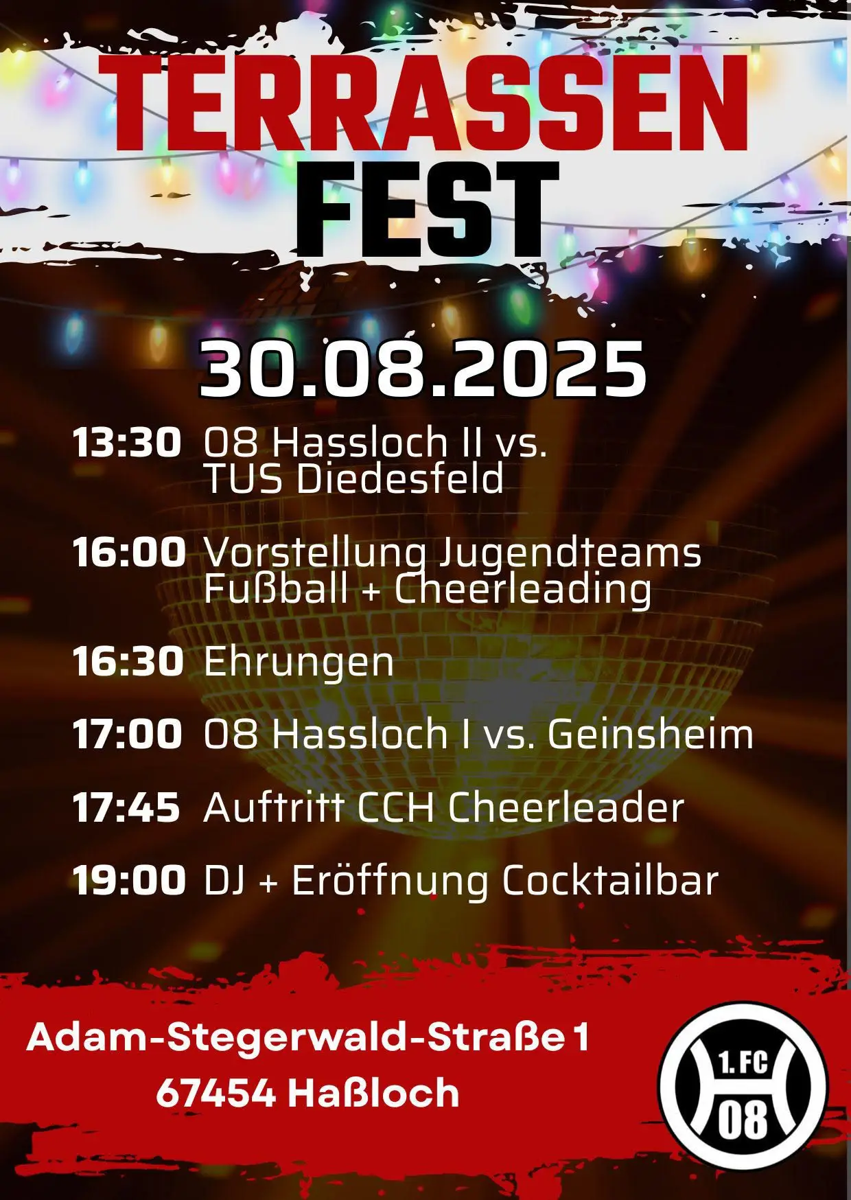 Veranstaltungshinweis für das Terrassenfest am 30.08.2025 mit Zeitplan und Aktivitäten.