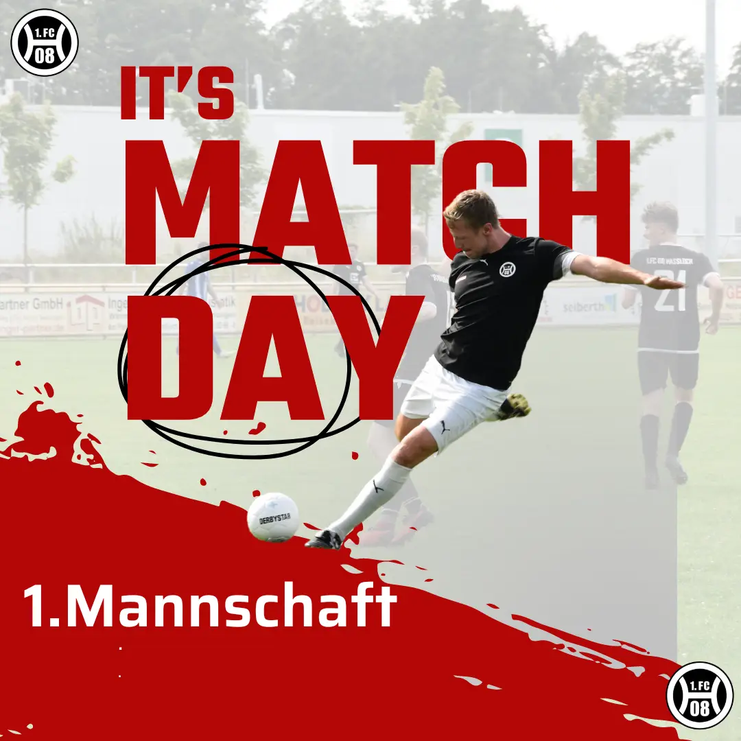 Grafik mit dem Text 'It's Match Day' und einem Fußballspieler, der einen Ball tritt.