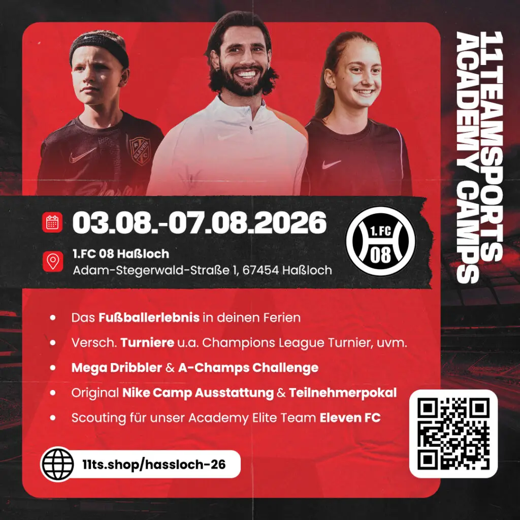 Plakat für das 11teamsports Academy Camp 2026 mit Informationen zu Terminen und Aktivitäten.